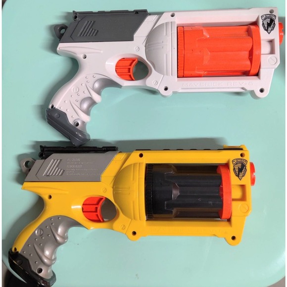 NERF N-Strike Maverick Rev-6 Blaster Rotating Barrel Gun Yellow white 2 guns lot - Picture 2 of 2